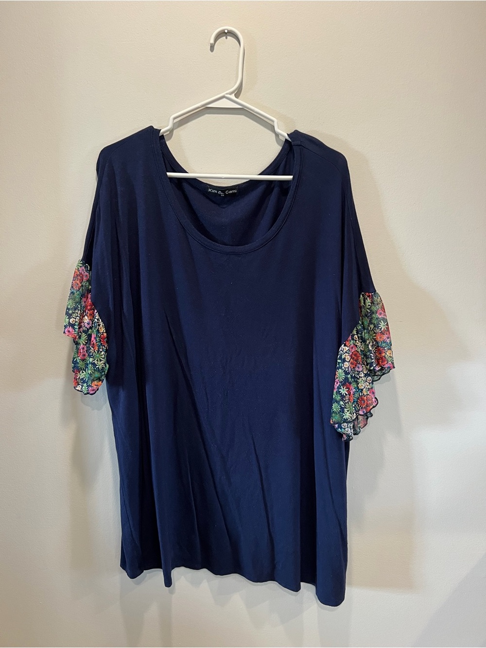 Kim & Cami Navy Scoop Neck Top with Floral Ruffle Sleeves